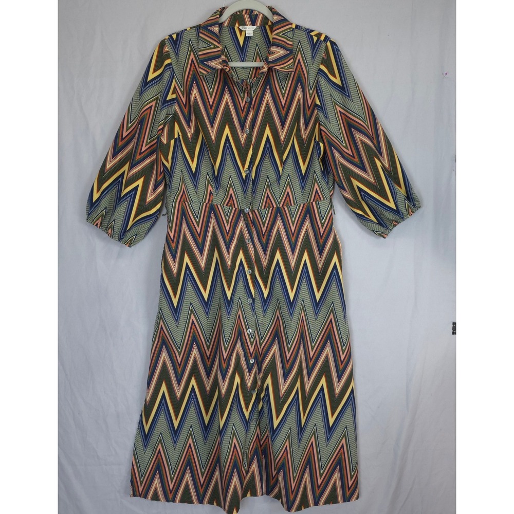 Cato Chevron Print Shirt Dress L Boho Retro Midi Colorful 70's Inspired Artsy
